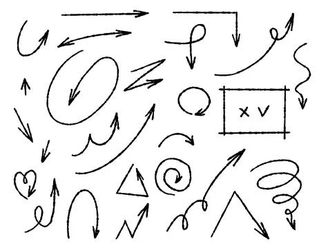 A large set of chalked arrows and frames. Various curved arrows, curls, cro.. 库存插图