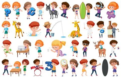 Large set of children doing different activities on white background Stock Illustration