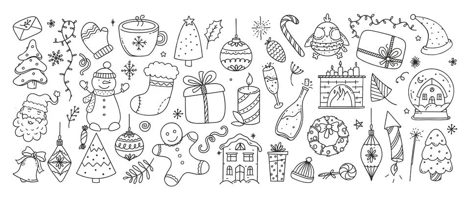 Large set of Christmas elements vector Illustration Doodle isolated on white  Stock Illustration