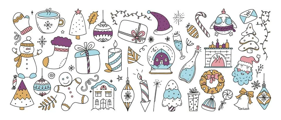 Large set of Christmas elements vector Illustration Doodle isolated on white  Stock Illustration