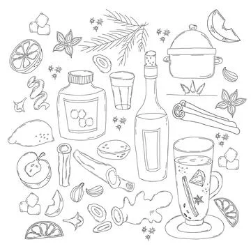 Large set for Christmas mulled wine. Vector illustration in line hand-drawn. gla Stock Illustration