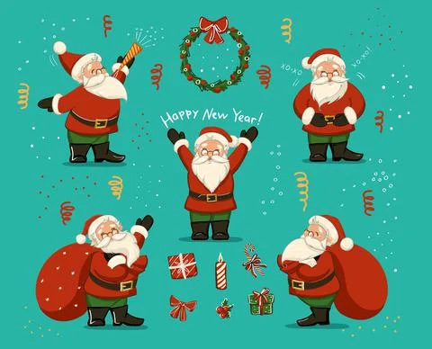 A large set with a Christmas theme. Santa Claus, gifts, snow. Stock Illustration