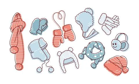 Large set of collection of knitted winter accessories in a modern style. Stock Illustration