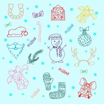 Large set of colored simple linear icons of festive New Year s Christmas things Stock Illustration