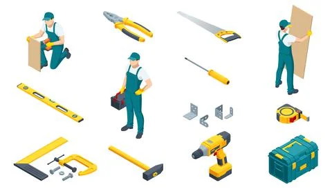 Large set of construction tools. Drill, hammer, hacksaw, tape measure, nippers Stock Illustration