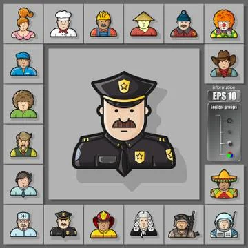 Large set of contour avatars of different characters Stock Illustration