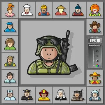 Large set of contour avatars of different characters Stock Illustration