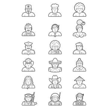 Large set of contour avatars of different characters Stock Illustration