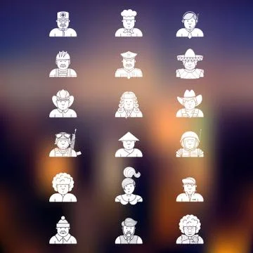 Large set of contour avatars of different characters Stock Illustration
