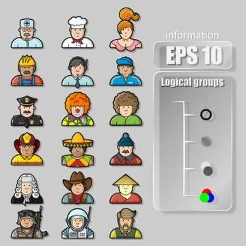 Large set of contour avatars of different characters Stock Illustration