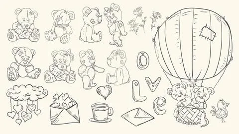 A large set of contour illustrations of Teddy bear toys for the design of Val Stock Illustration