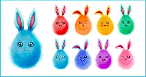 A large set of cute bunny in the shape of eggs. Furry faces with different Stock Illustration