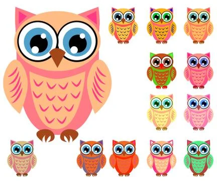 Large set of cute multicolored cartoon owls for children, different designs,  Stock Illustration