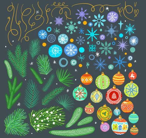 A large set of decorative elements for New Year and Christmas. Coniferous Stock Illustration