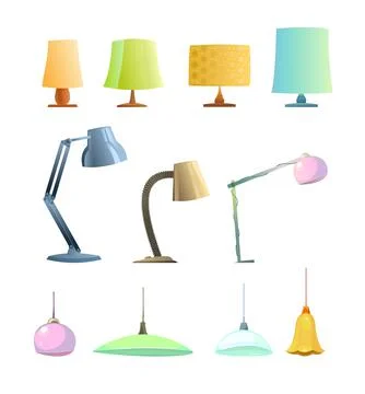 Large set of desktop office floor lamps. Modern minimalist torchere design. F Stock Illustration