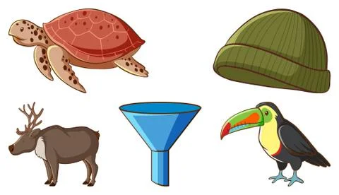Large set of different animals and other objects on white background Stock Illustration