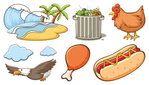 Large set of different animals and other objects on white background Stock Illustration
