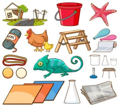 Large set of different animals and other objects on white background Stock Illustration
