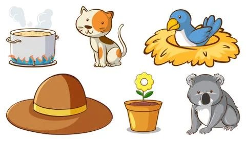 Large set of different animals and other objects on white background Stock Illustration