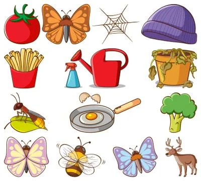 Large set of different animals and other objects on white background Stock Illustration