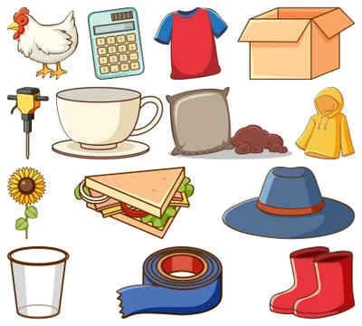 Large set of different animals and other objects on white background Stock Illustration