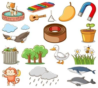 Large set of different animals and other objects on white background Stock Illustration