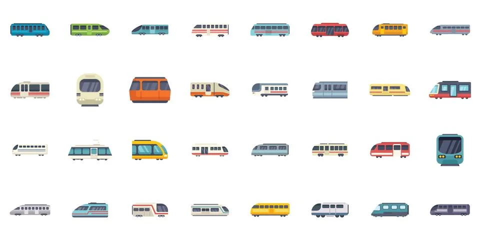 Large set of different passenger trains moving forward and from front view Stock Illustration