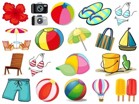 Large set of different summer objects on white background Stock Illustration