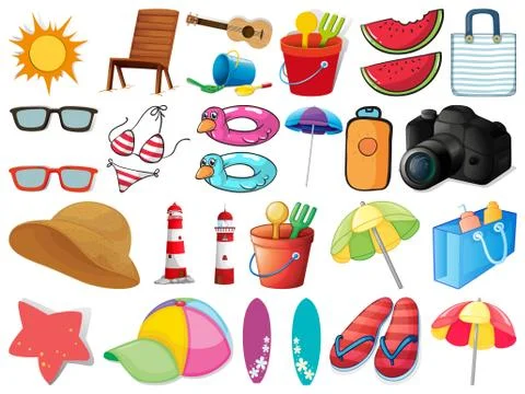 Large set of different summer objects on white background Stock Illustration