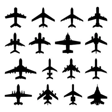 A large set of different types of aircraft silhouettes. In flight. Vector ill Stock Illustration