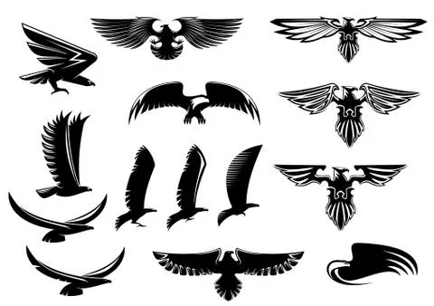 Large set of eagle black and white vector icons Stock Illustration