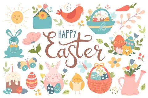 A large set of Easter design elements. Cake, eggs, flowers, rabbit, chicken イラスト素材