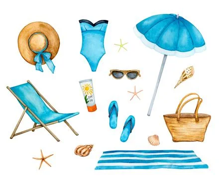 A large set of elements for a beach holiday. Illustrazione stock