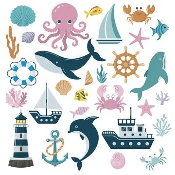 Large set of elements on a marine theme. Fish, shells, ships, octopuses, se.. Stock Illustration