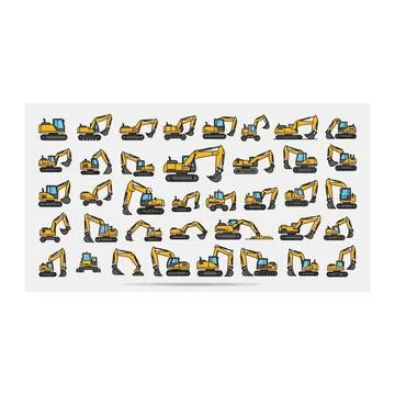 Large set of excavator construction vehicles vector icons collection Stock Illustration