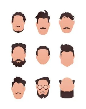 Large Set of Faces of men with different hairstyles. Isolated on white back.. Stock Illustration