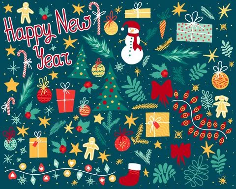 Large set of festive elements for winter celebration, new year or christmas 스톡 일러스트