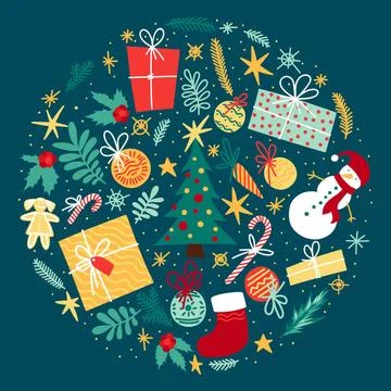 Large set of festive elements for winter celebration, new year or christma... Foto stock