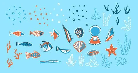 A large set of fish, shells, algae and additional elements. Marine theme. Stock Illustration