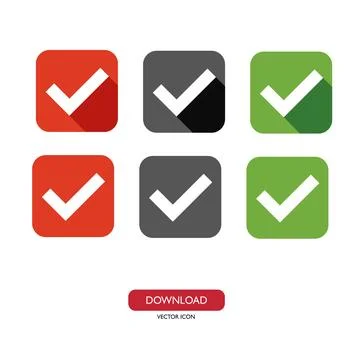 Large set of flat buttons green, red check marks. Square rounded corners. Stock Illustration