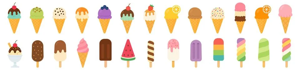 Large set of flat vector illustrations of various ice cream treats, isolated  Stock Illustration