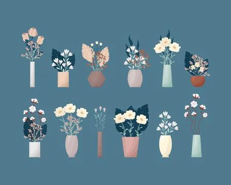 A large set of flowers in boho style vases. Composition of flowers vector Stock Illustration
