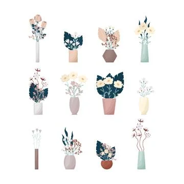 A large set of flowers in boho style vases. Composition of flowers vector Stock-Illustration