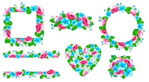 Large set of frames and designs from watercolor wildflowers and wild herbs. Illustrazione stock