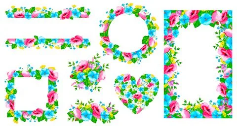 Large set of frames and designs from watercolor wildflowers and wild herbs. Stock Illustration