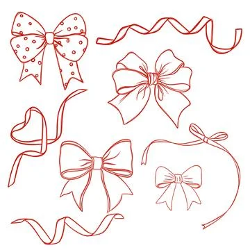 Large set of free hand red ribbon bows Stock Illustration