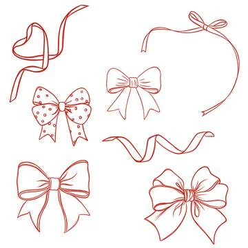 Large set of free hand red ribbon bows Stock Illustration
