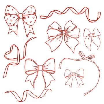 Large set of free hand red ribbon bows Stock Illustration