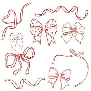 Large set of free hand red ribbon bows Stock Illustration