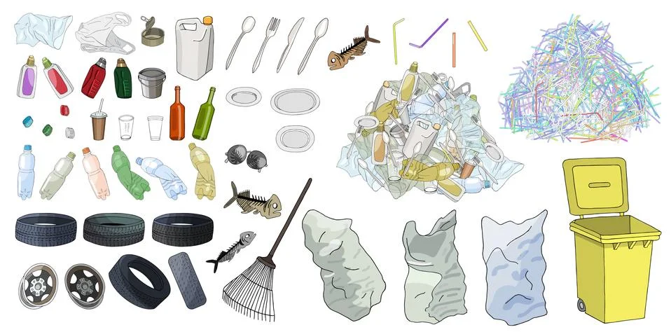 Large set of garbage on white background Stock Illustration